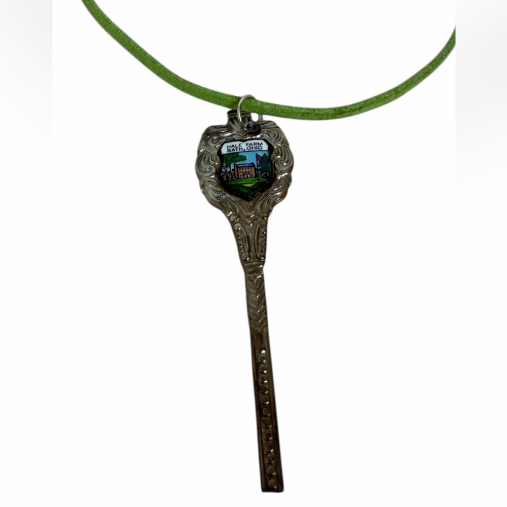 Handcrafted Hale Farm Bath Ohio Spoon Faux Green Leather Necklace